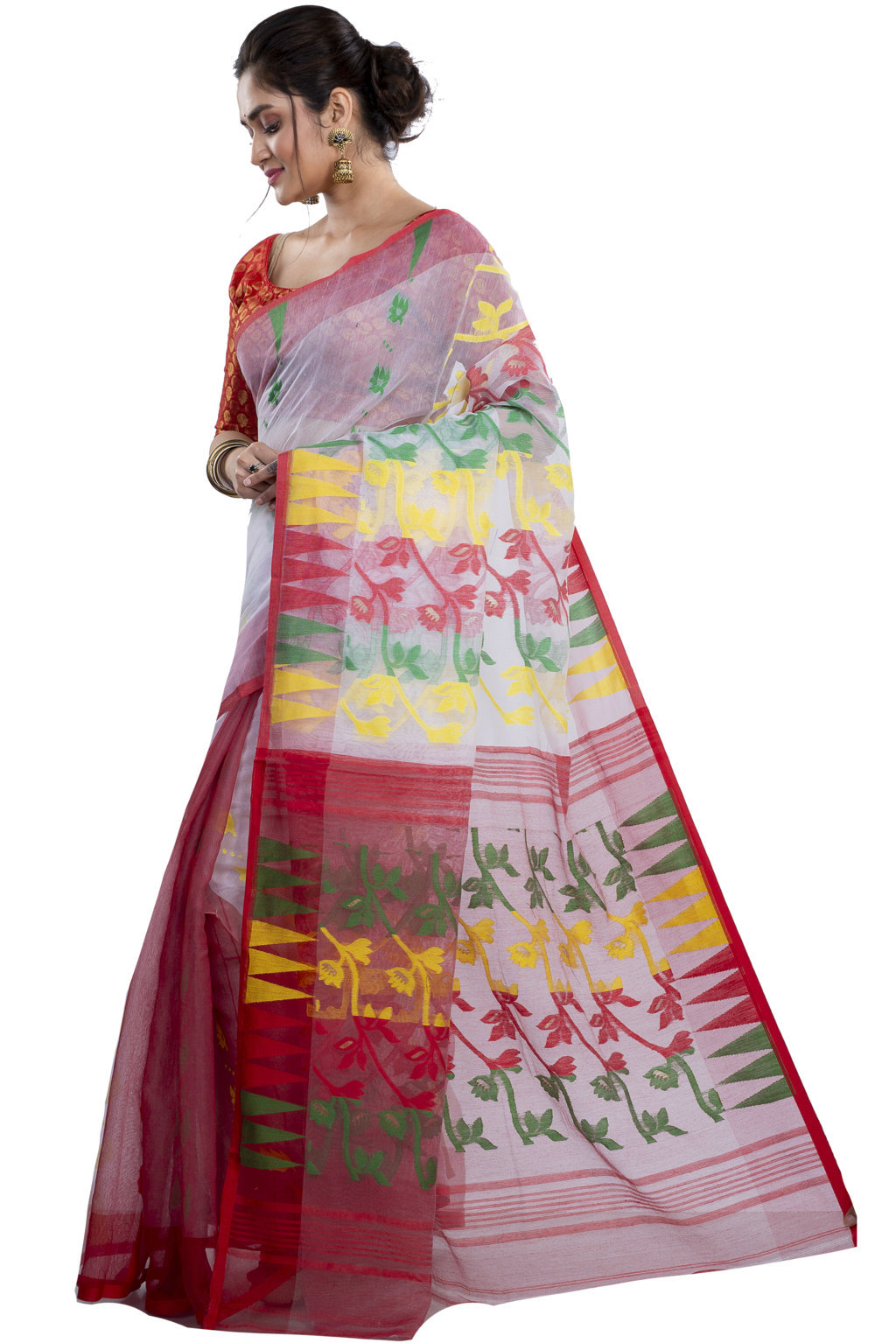 White Red Blended Cotton Moha_Jamdani Jamdani Saree (809)